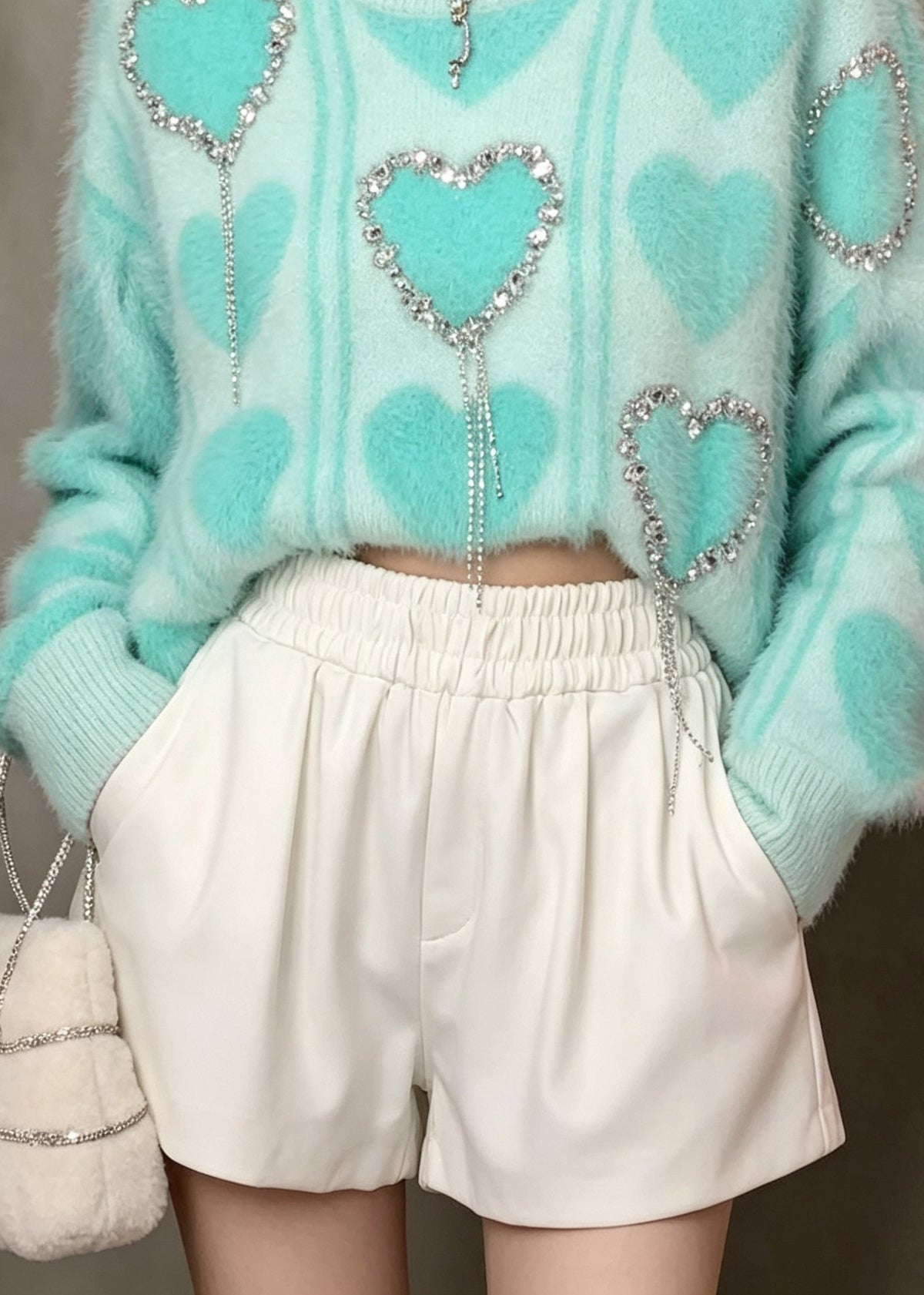 Stylish Green O Neck Heart Zircon Thick Knit Sweater Tops Fall
