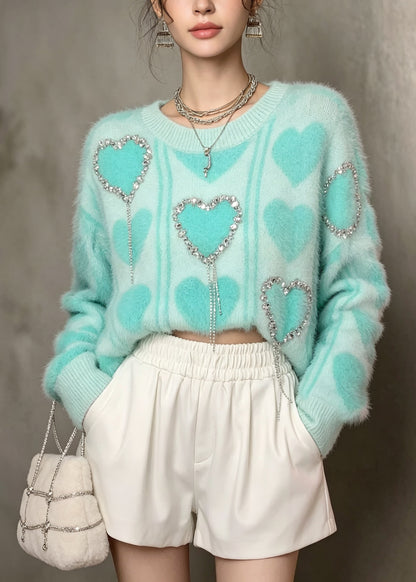 Stylish Green O Neck Heart Zircon Thick Knit Sweater Tops Fall