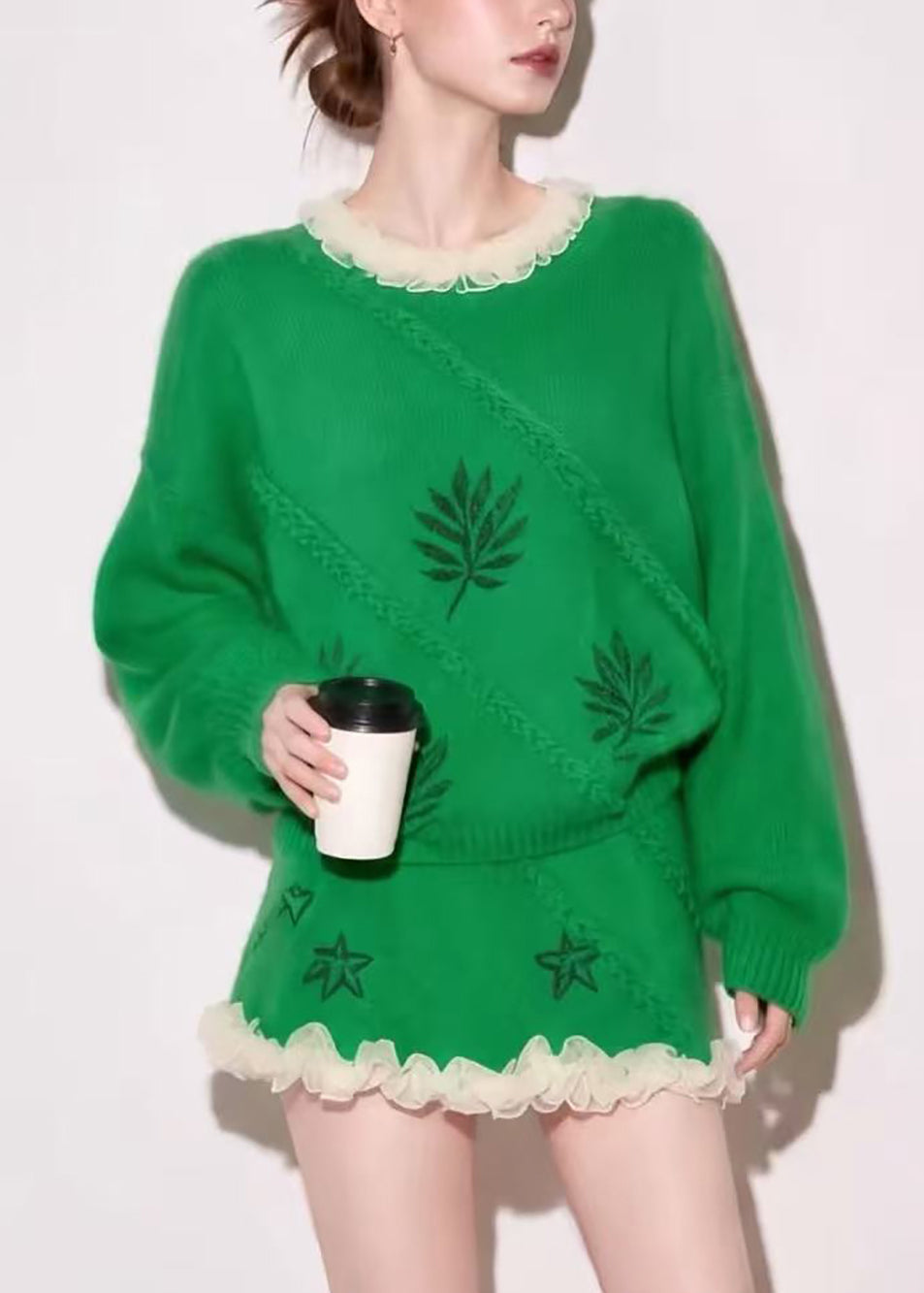 Stylish Green O-Neck Mesh Ruffled Sweater And Skirt Mink Hair Knitted Two Piece Set Fall