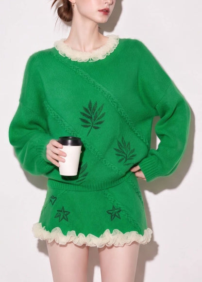 Stylish Green O-Neck Mesh Ruffled Sweater And Skirt Mink Hair Knitted Two Piece Set Fall