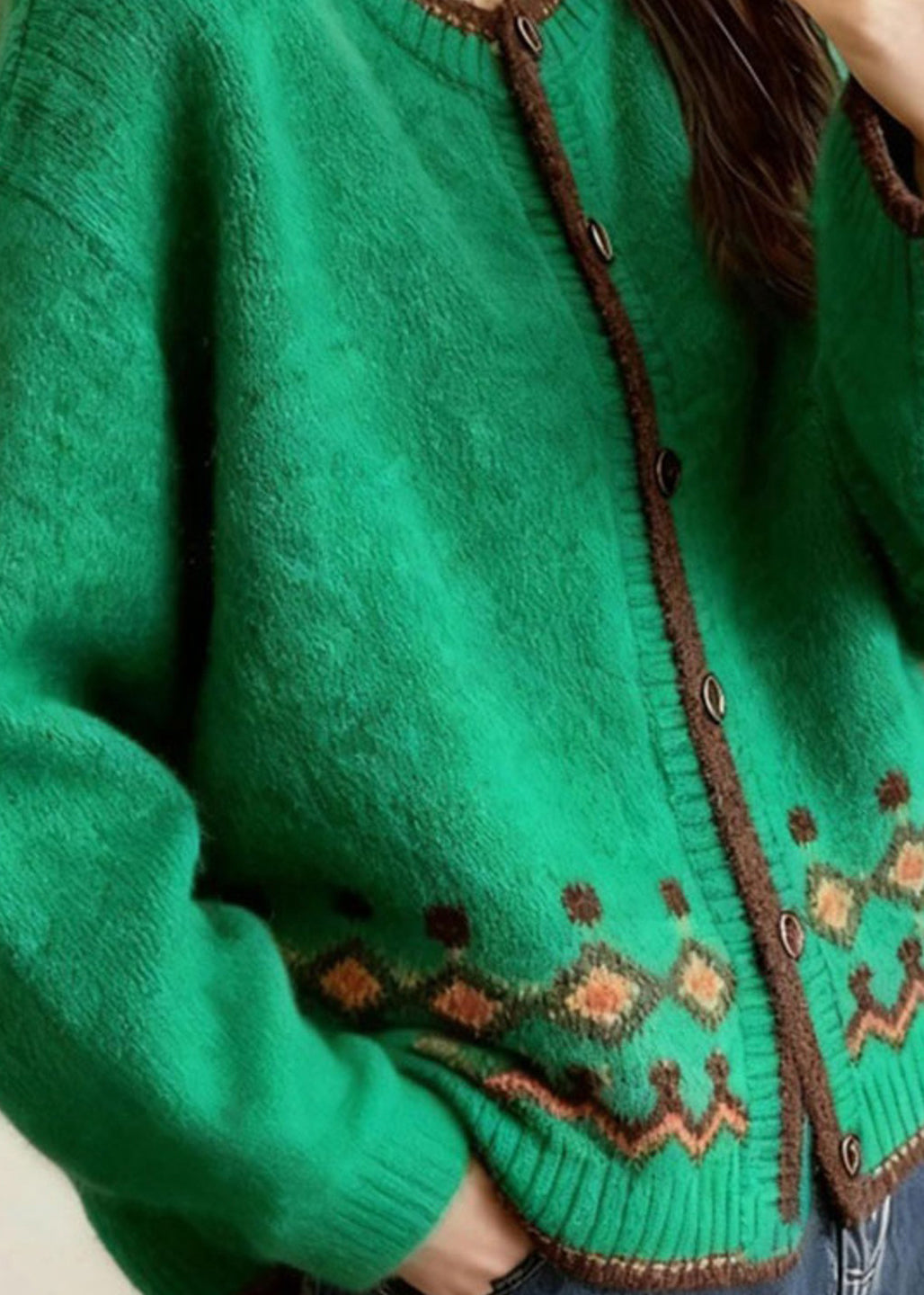 Stylish Green O-Neck Print Button Cotton Knit Cardigan Spring