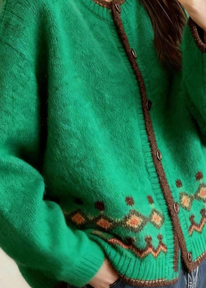 Stylish Green O-Neck Print Button Cotton Knit Cardigan Spring