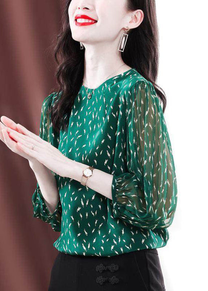 Stylish Green O-Neck Print Chiffon Shirt Bracelet Sleeve