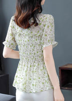 Stylish Green O-Neck Ruffled Print Chiffon Shirts Summer