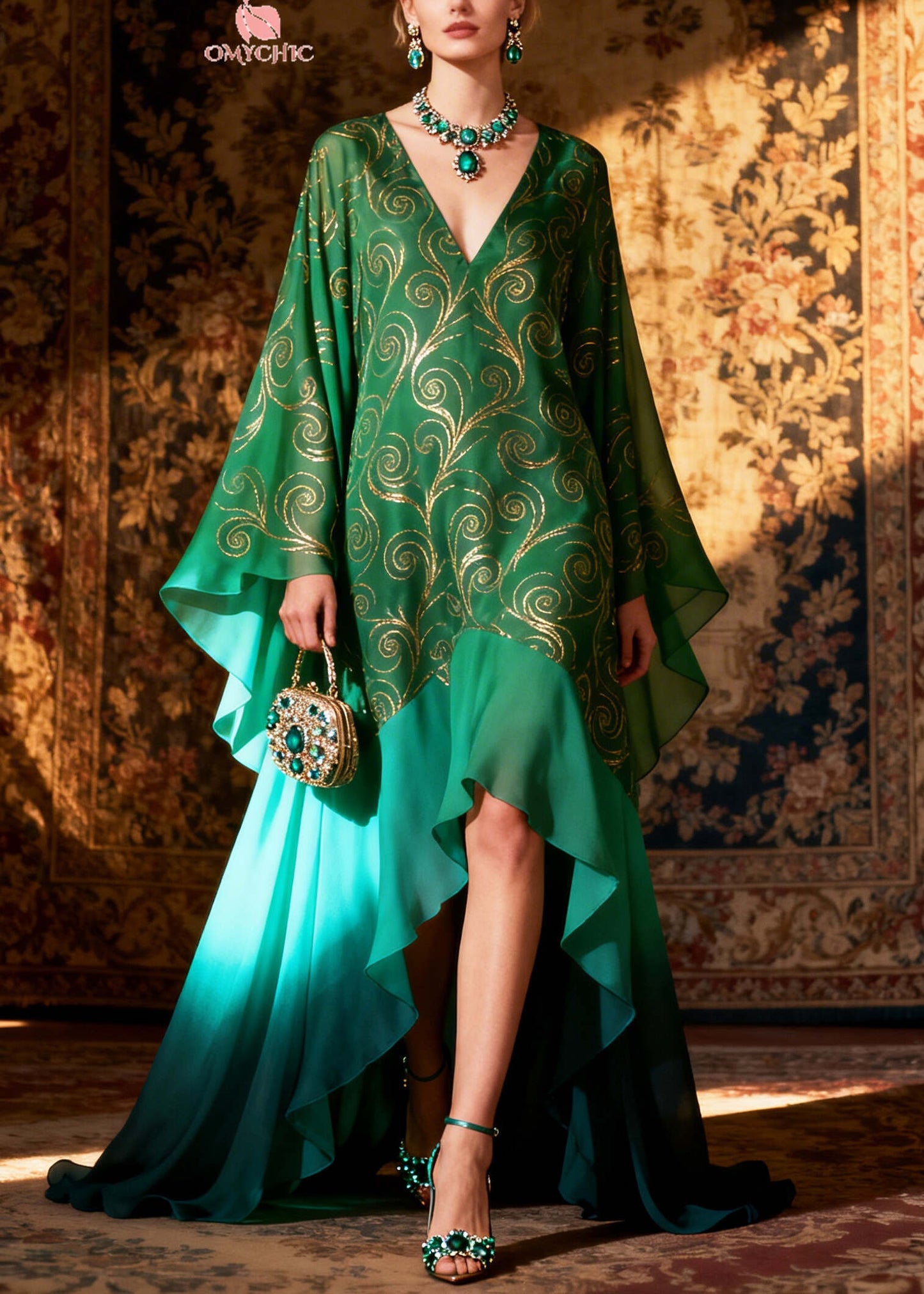 Stylish Green Oversized Patchwork Exra Large Hem Chiffon Party Dress Summer