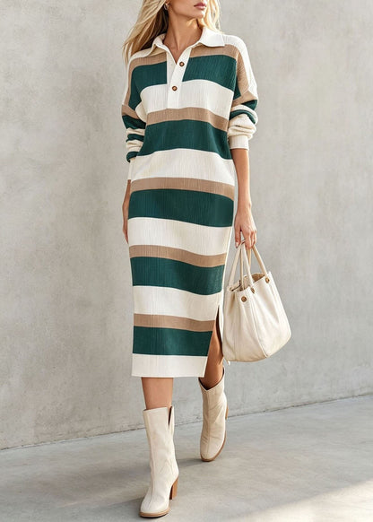 Stylish Green Oversized Striped Long Knit Dress Fall