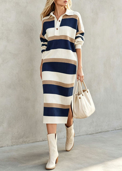 Stylish Green Oversized Striped Long Knit Dress Fall