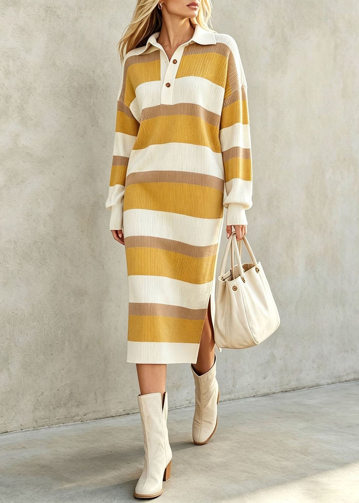 Stylish Green Oversized Striped Long Knit Dress Fall