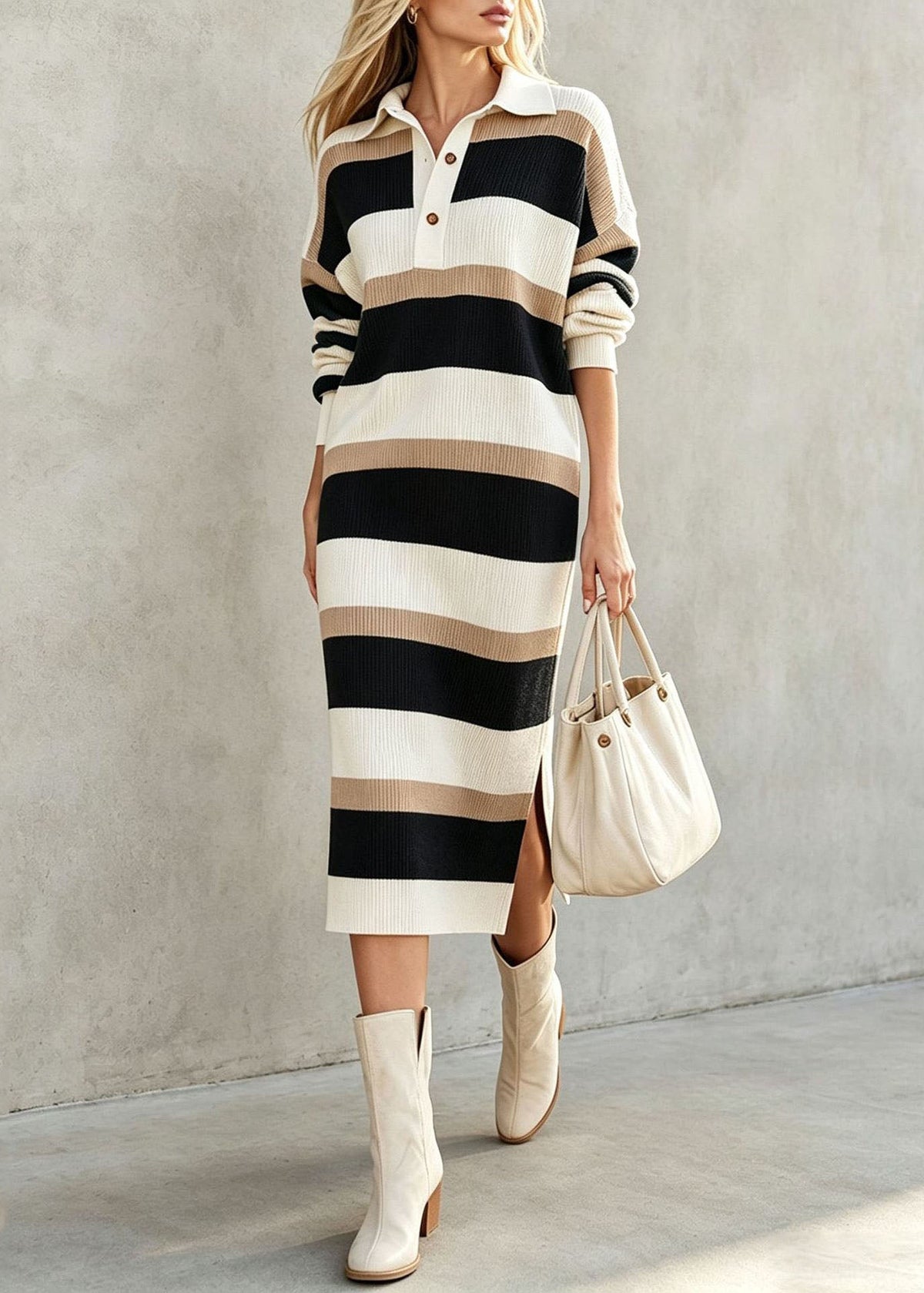 Stylish Green Oversized Striped Long Knit Dress Fall