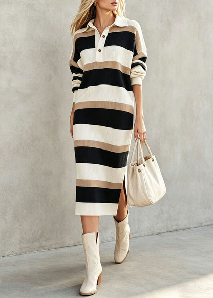 Stylish Green Oversized Striped Long Knit Dress Fall