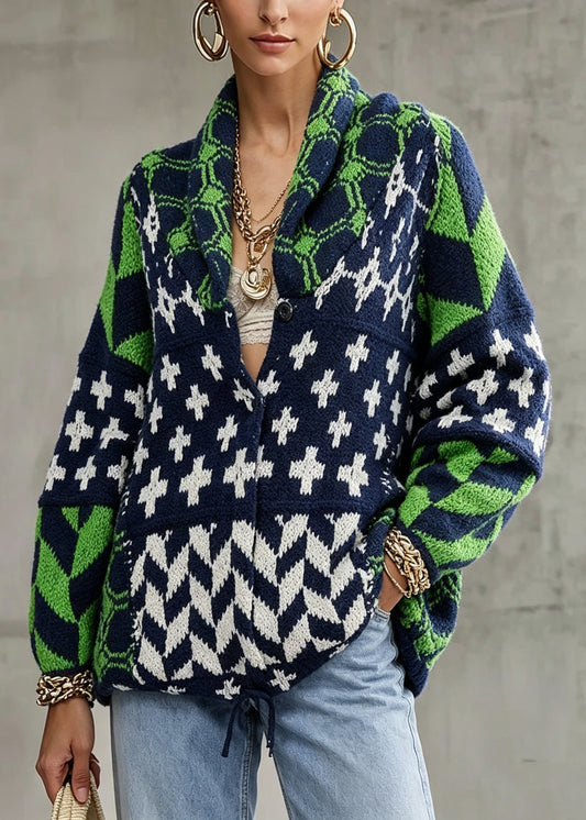 Stylish Green Peter Pan Collar Print Knit Sweaters Fall