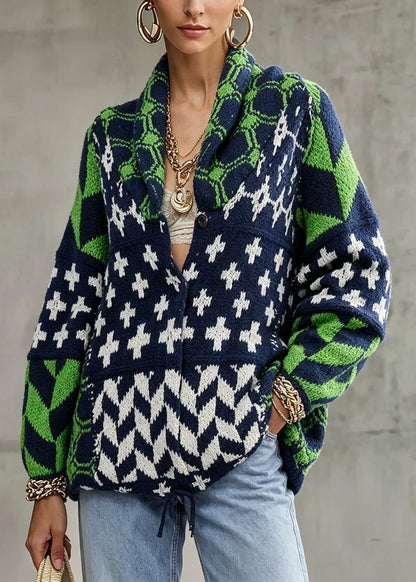 Stylish Green Peter Pan Collar Print Knit Sweaters Fall