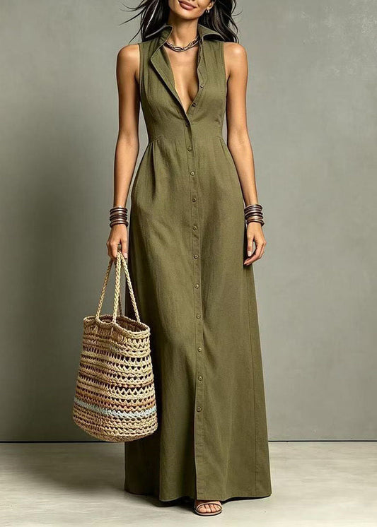 Stylish Green Peter Pan Collar Single Breasted Maxi Dresses Summer