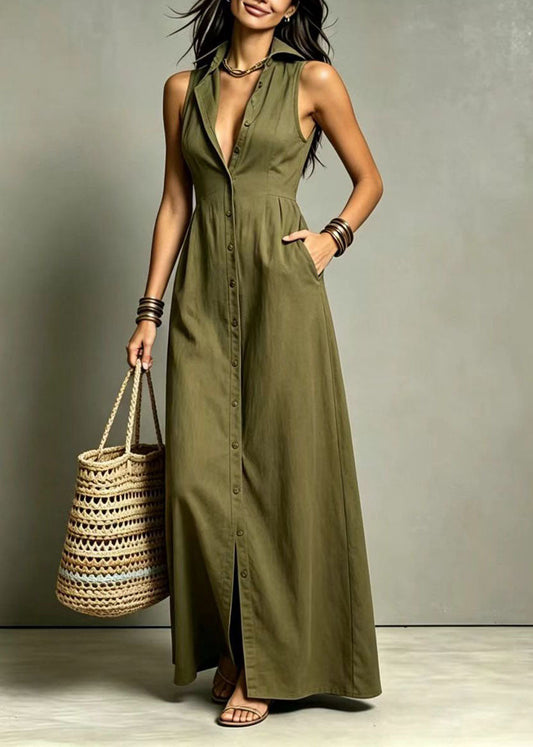 Stylish Green Peter Pan Collar Single Breasted Maxi Dresses Summer