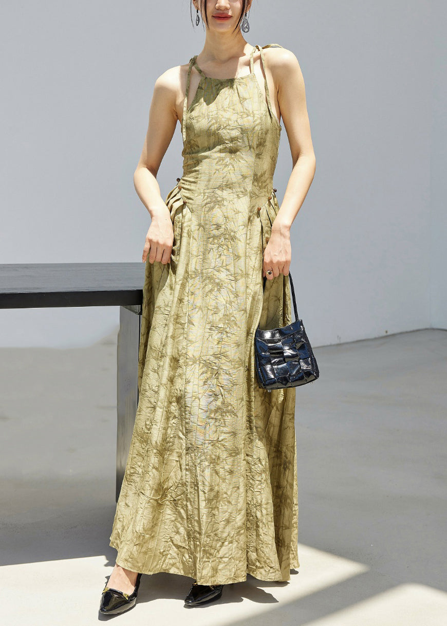 Stylish Green Print Lace Up Linen Spaghetti Strap Dress Sleeveless