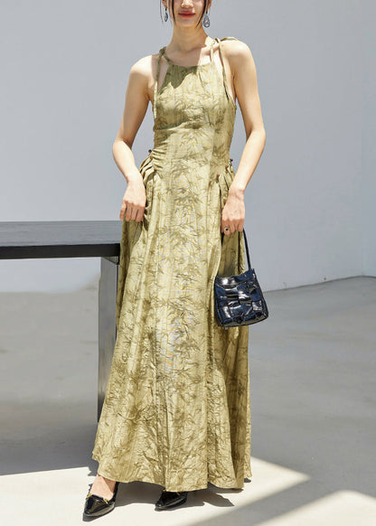 Stylish Green Print Lace Up Linen Spaghetti Strap Dress Sleeveless