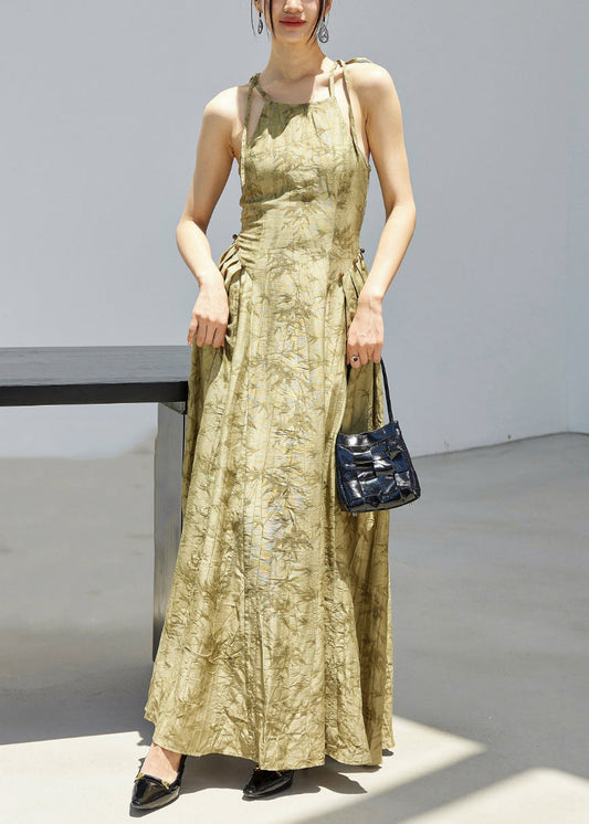 Stylish Green Print Lace Up Linen Spaghetti Strap Dress Sleeveless