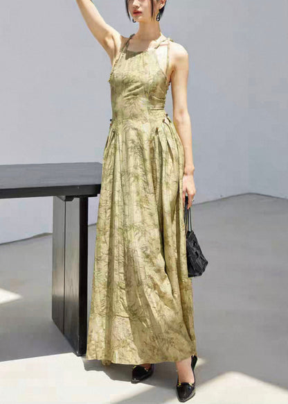 Stylish Green Print Lace Up Linen Spaghetti Strap Dress Sleeveless