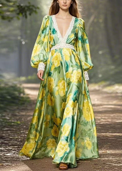 Stylish Green Print Patchwork Silk Maxi Dress V Neck Spring