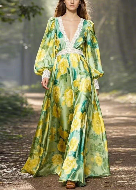Stylish Green Print Patchwork Silk Maxi Dress V Neck Spring
