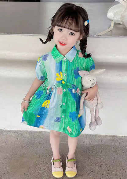 Stylish Green Ruffled Button Cotton Girls Shirt Dresses Summer