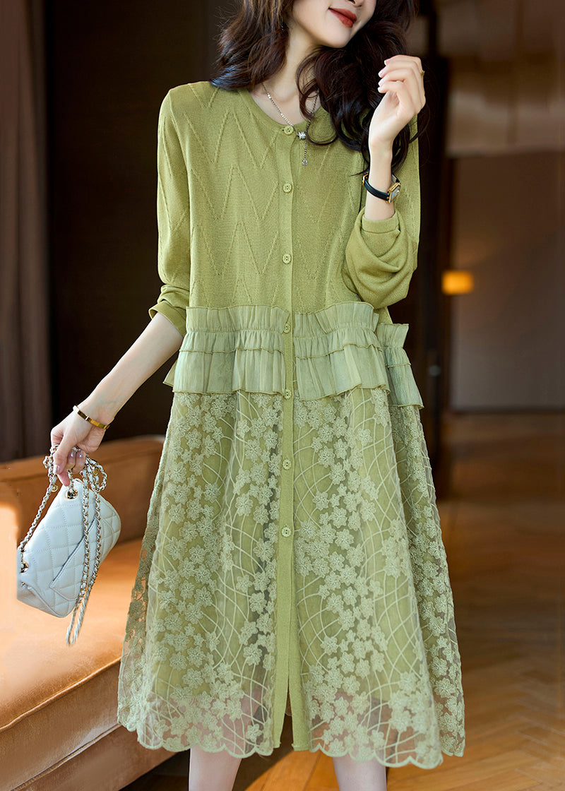 Stylish Green Ruffled Button Lace Patchwork Dresses Long Sleeve