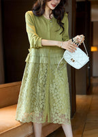 Stylish Green Ruffled Button Lace Patchwork Dresses Long Sleeve