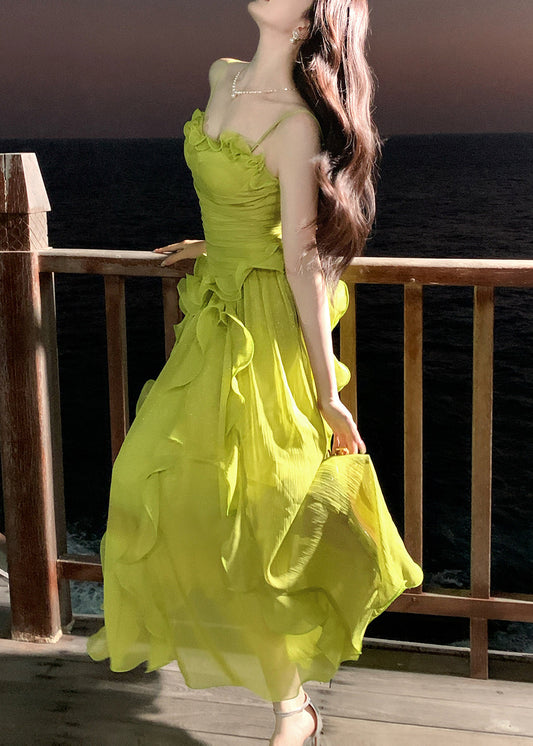 Stylish Green Ruffled Chiffon Spaghetti Strap Dress Summer