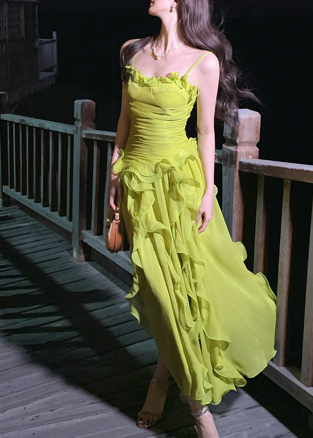 Stylish Green Ruffled Chiffon Spaghetti Strap Dress Summer