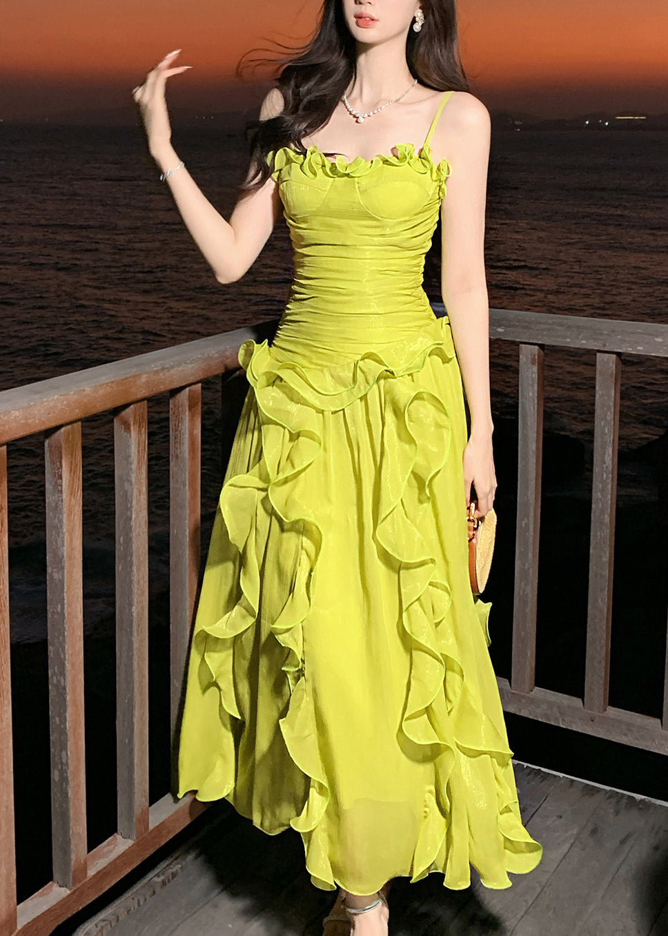 Stylish Green Ruffled Chiffon Spaghetti Strap Dress Summer