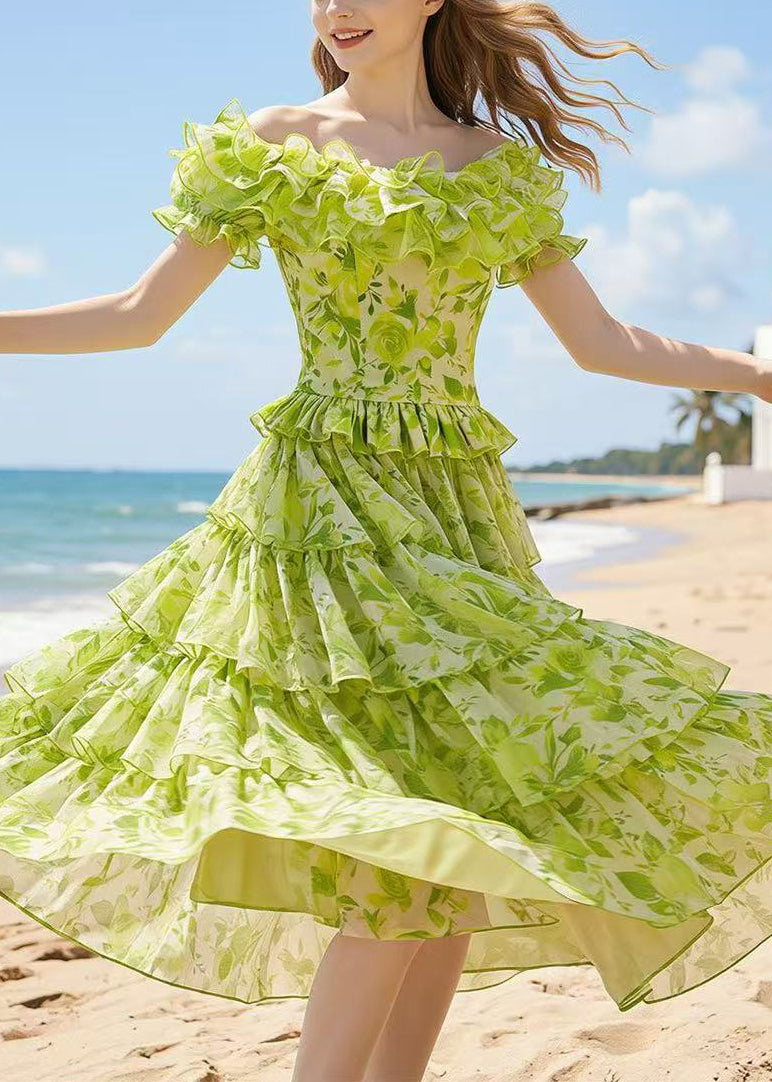 Stylish Green Ruffled Print Chiffon Two Piece Set Outfits Summer