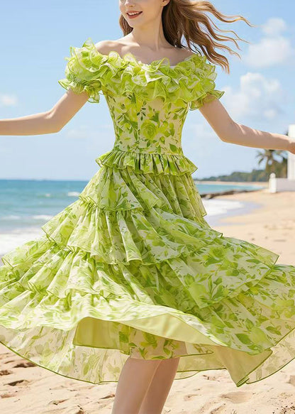 Stylish Green Ruffled Print Chiffon Two Piece Set Outfits Summer