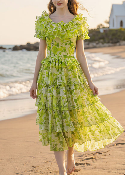 Stylish Green Ruffled Print Chiffon Two Piece Set Outfits Summer