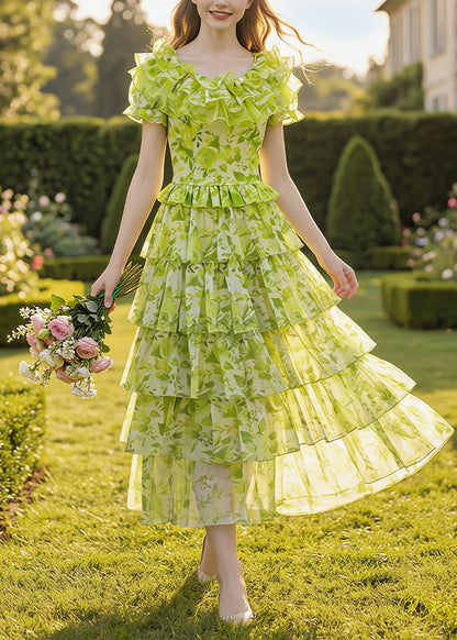 Stylish Green Ruffled Print Chiffon Two Piece Set Outfits Summer