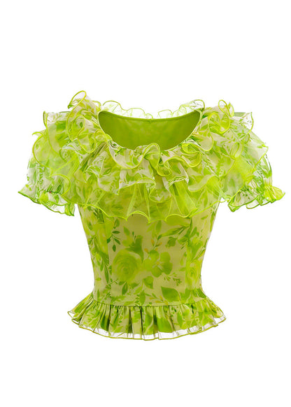 Stylish Green Ruffled Print Chiffon Two Piece Set Outfits Summer