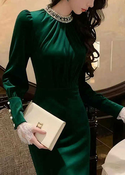 Stylish Green Side Open Slim Fit Silk Velvet Long Dress Winter