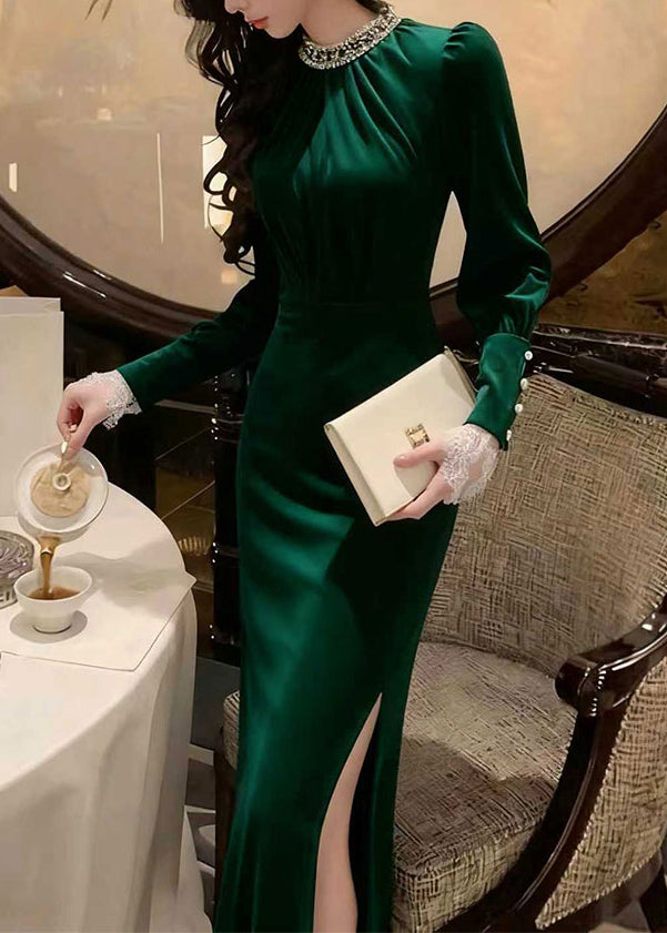 Stylish Green Side Open Slim Fit Silk Velvet Long Dress Winter