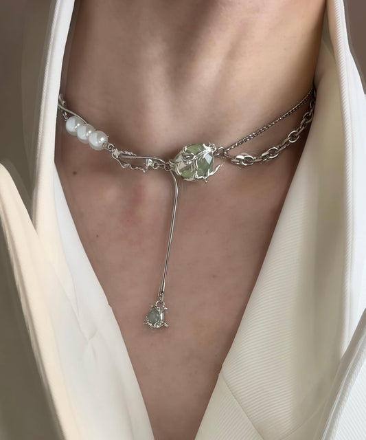 Stylish Green Stainless Steel Pearl Jade Bamboo Joint Water Droplet Tassel Lariat Necklace
