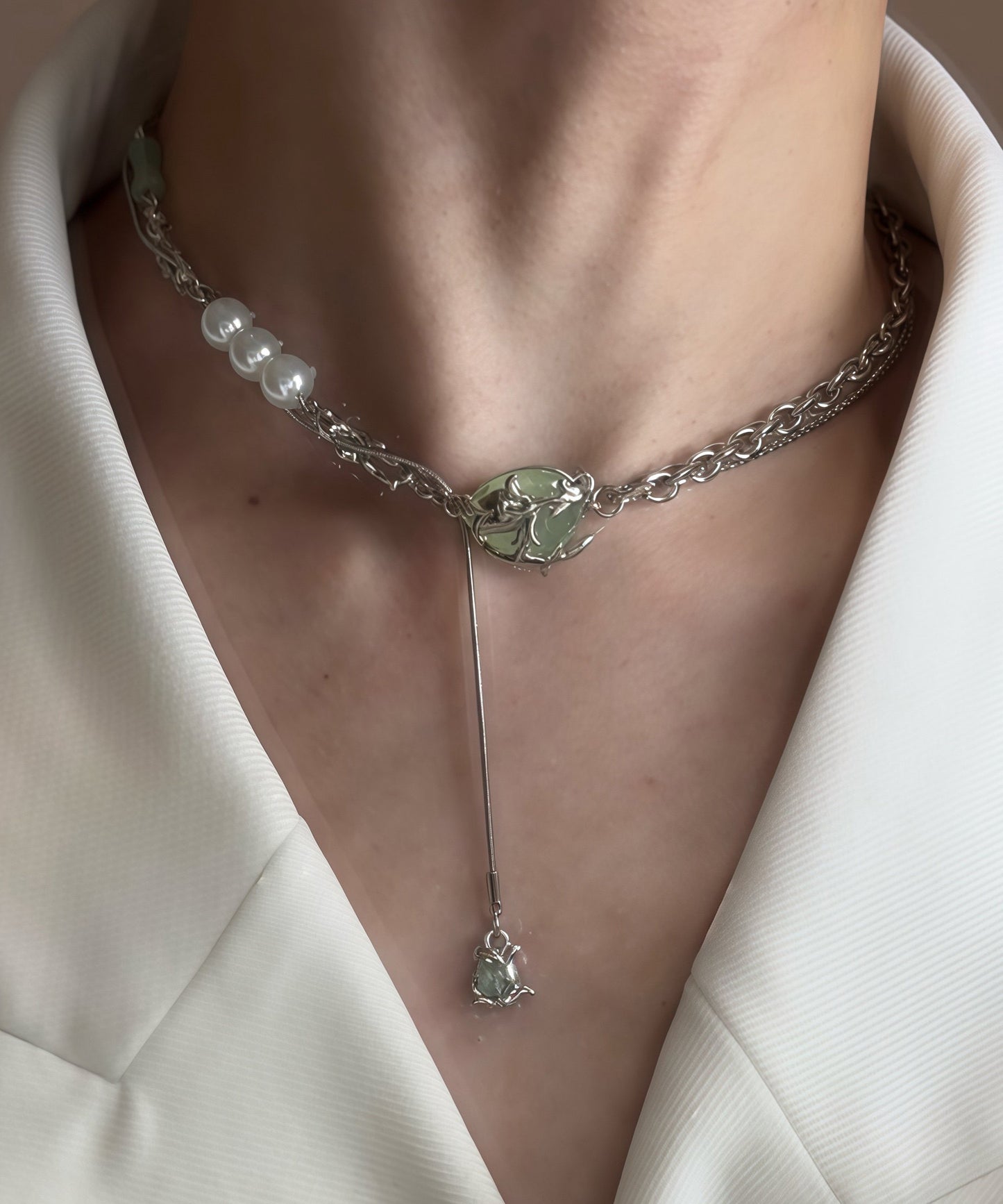 Stylish Green Stainless Steel Pearl Jade Bamboo Joint Water Droplet Tassel Lariat Necklace
