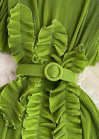 Stylish Green Stand Collar Ruffled Maxi Dress Short Sleeve