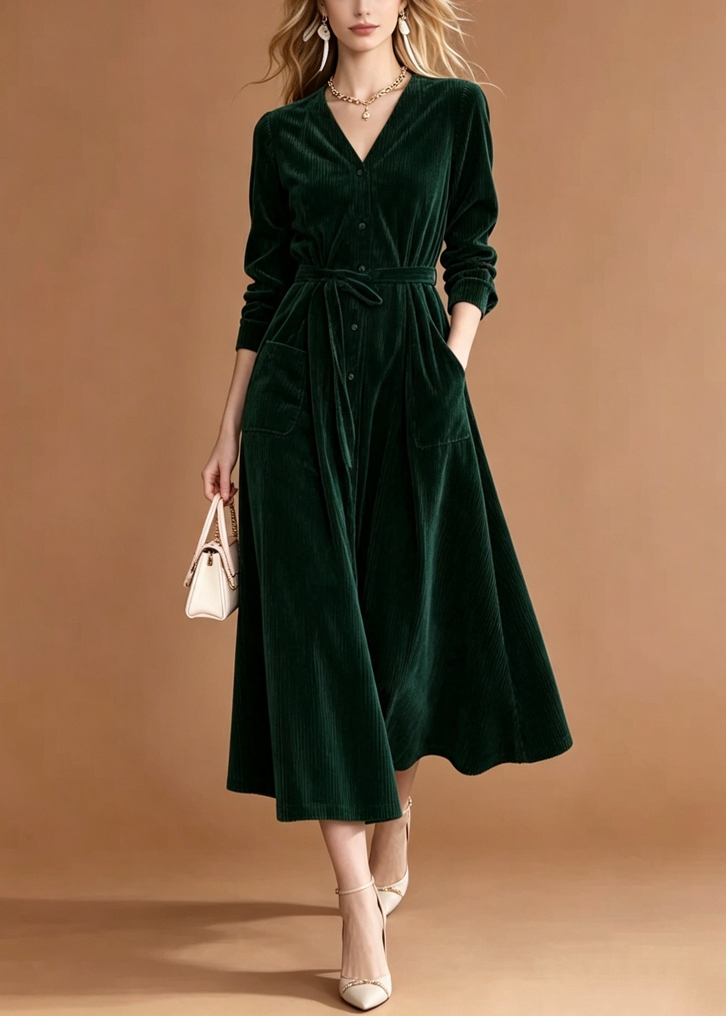 Stylish Green V Neck Corduroy Maxi Dresses Fall
