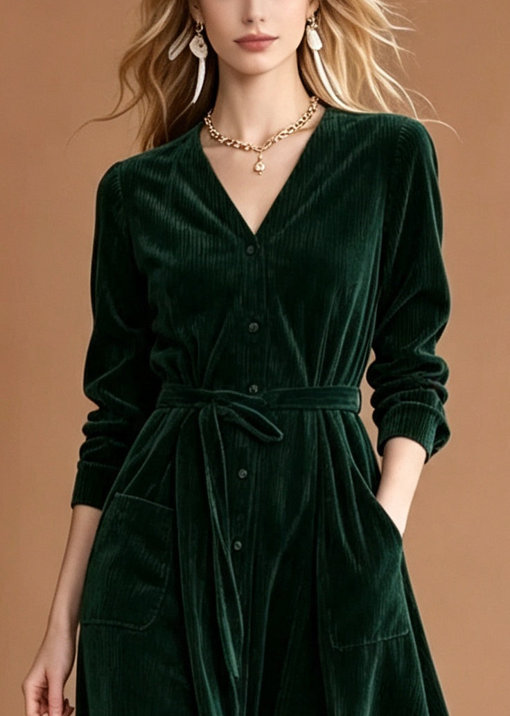 Stylish Green V Neck Corduroy Maxi Dresses Fall