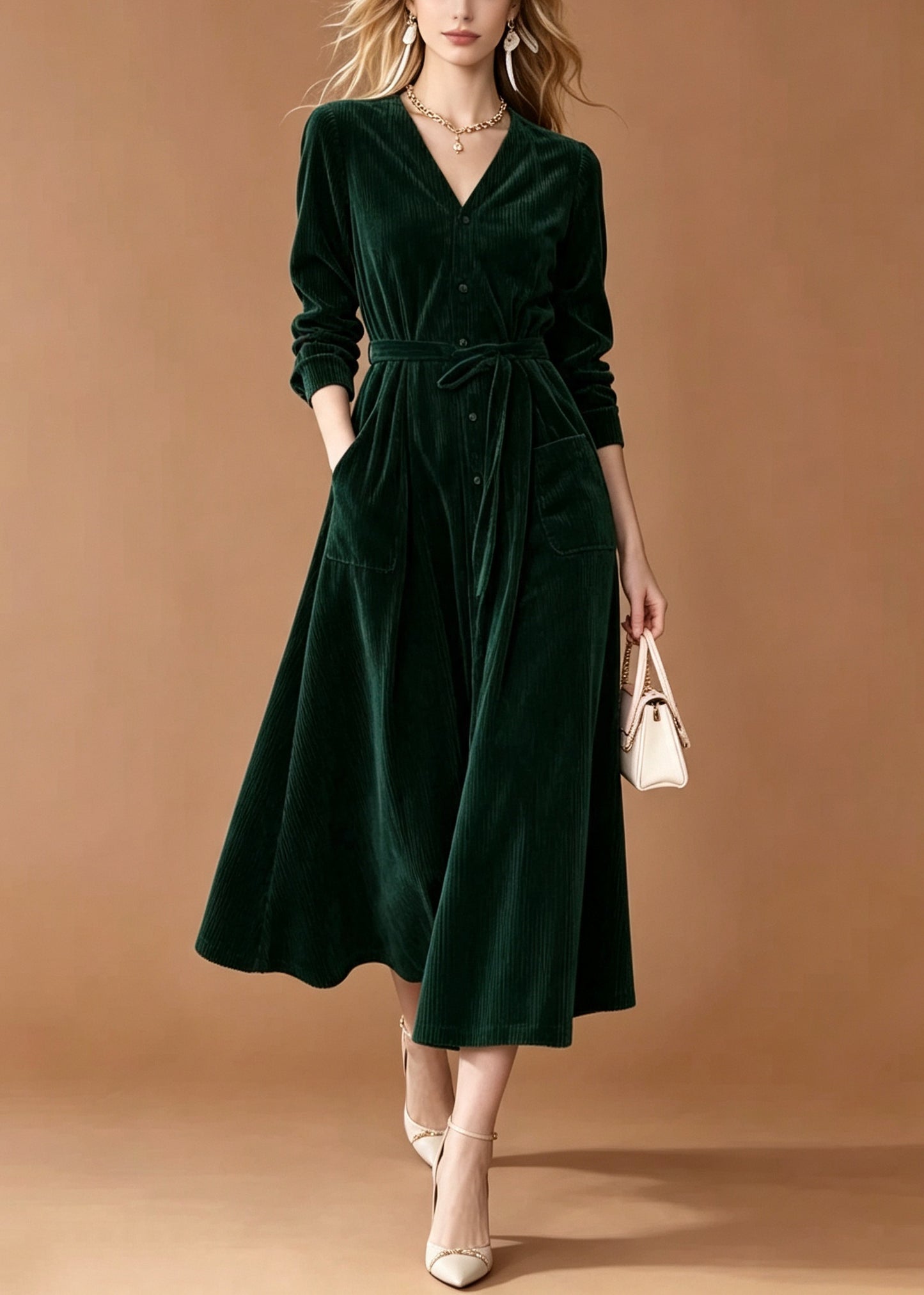 Stylish Green V Neck Corduroy Maxi Dresses Fall