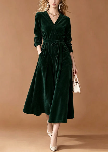 Stylish Green V Neck Corduroy Maxi Dresses Fall