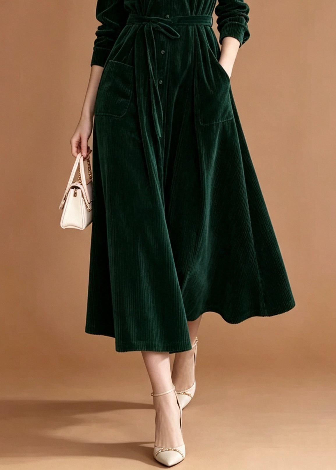 Stylish Green V Neck Corduroy Maxi Dresses Fall