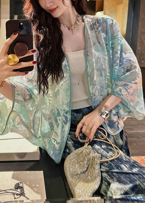 Stylish Green V Neck Cozy Silk Cardigans Batwing Sleeve