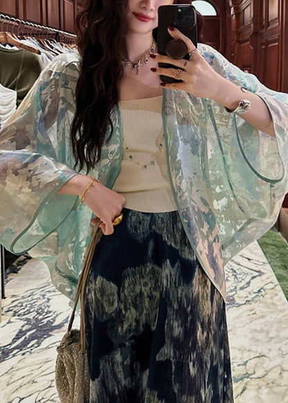 Stylish Green V Neck Cozy Silk Cardigans Batwing Sleeve