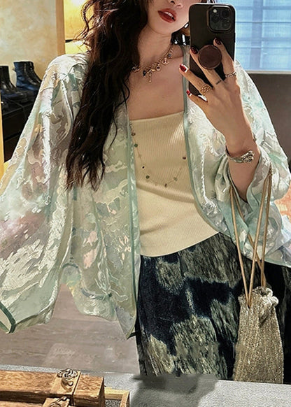 Stylish Green V Neck Cozy Silk Cardigans Batwing Sleeve