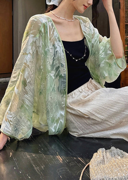 Stylish Green V Neck Cozy Silk Cardigans Batwing Sleeve