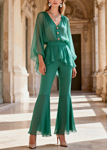 Stylish Green V Neck Patchwork Silk Two Piece Set Women Clothing Summer